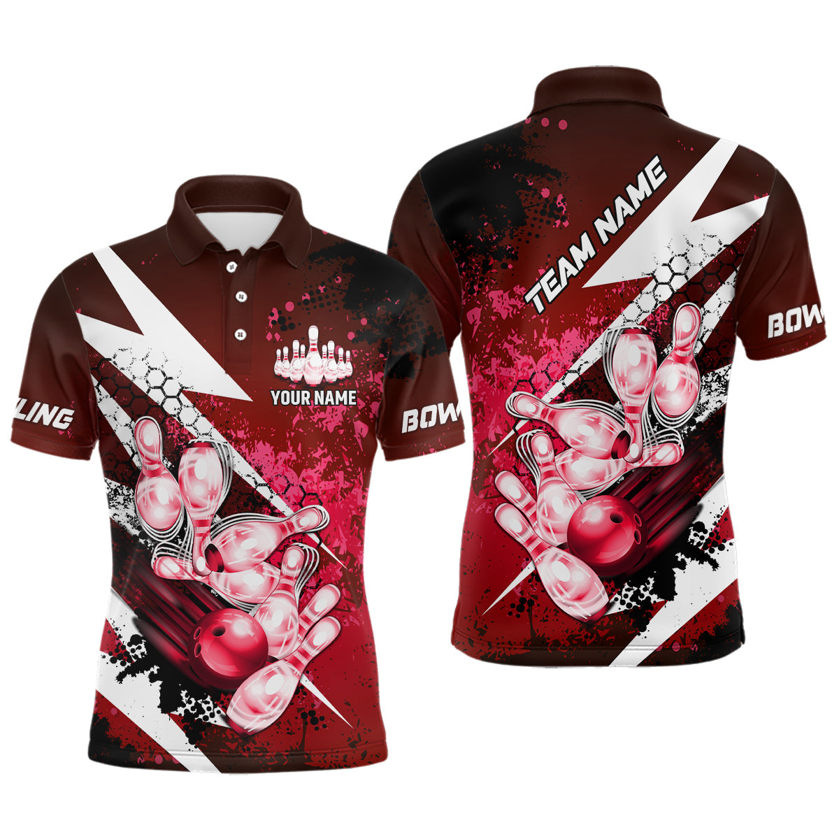 Red grunge lightning Bowling Polo, Quarter Zip shirt For Men Custom Team Bowling Jersey NQS8660