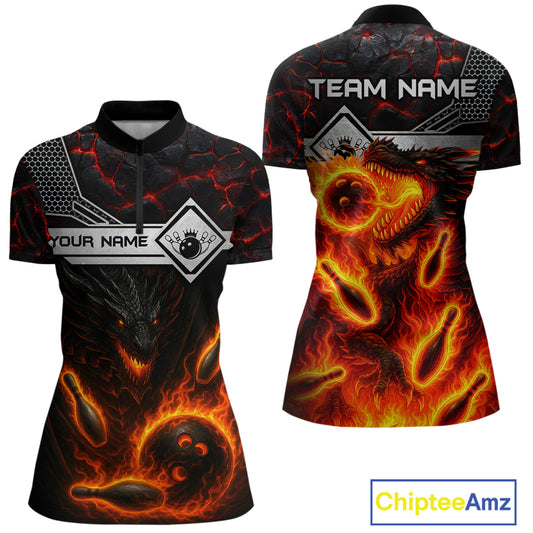 Black And Red Flame Custom Dragon Bowling Shirts For Women, Bowling League Shirts NQS11070