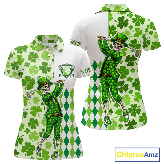 Green Shamrock argyle pattern St Patrick Skull Golf Polo Shirt For Women Custom women's golf outfits NQS 11507