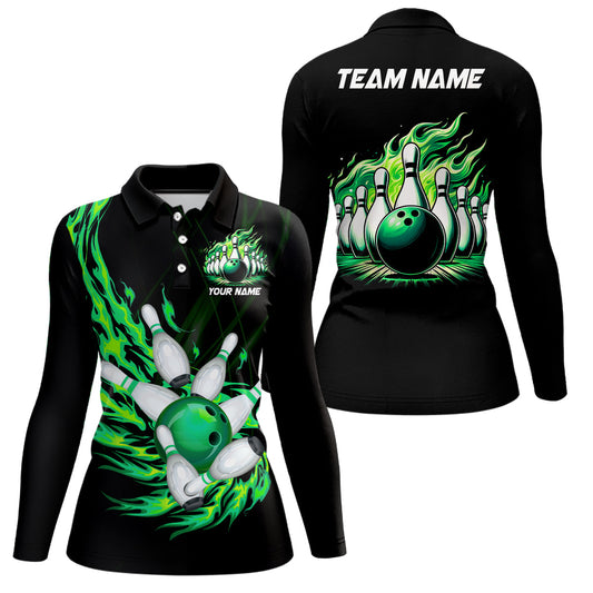 Green flame bowling ball and pins custom Womens Bowling Polo Shirts, team ladies bowling jerseys NQS7516