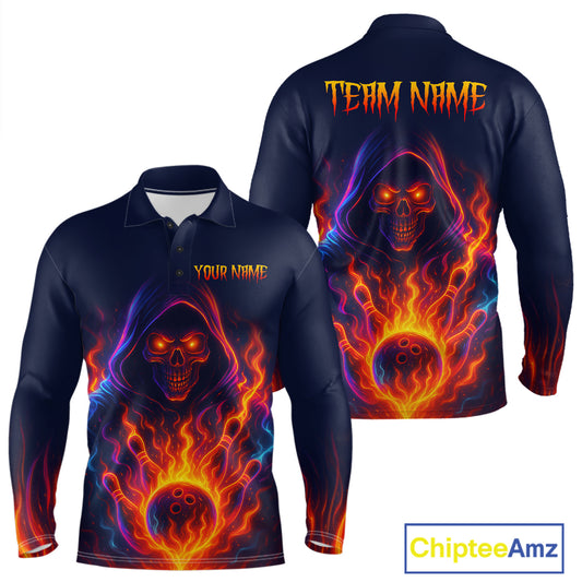 Custom Orange Flame Skull Bowling Shirts for Men Custom Team Bowling Shirts, gift for bowlers NQS10522