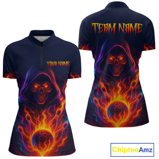 Custom Orange Flame Skull Bowling Shirts for Women Custom Team Bowling Shirts, gift for bowlers NQS10522