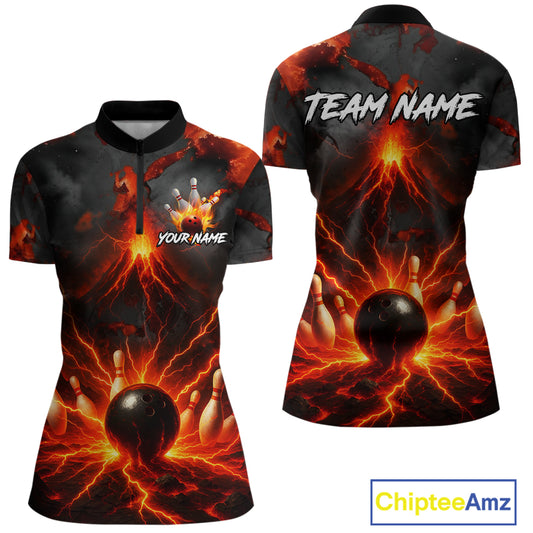 Red Lightning volcano Women Bowling Polo, Quarter Zip shirts Custom bowling outfits gifts for ladies NQS10956