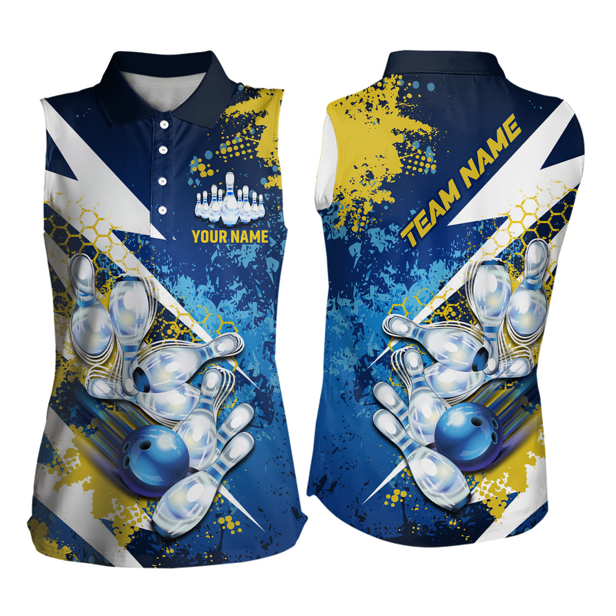 Yellow and blue grunge lightning Women Bowling sleeveless polo shirts Custom Team Bowling Jersey NQS7700