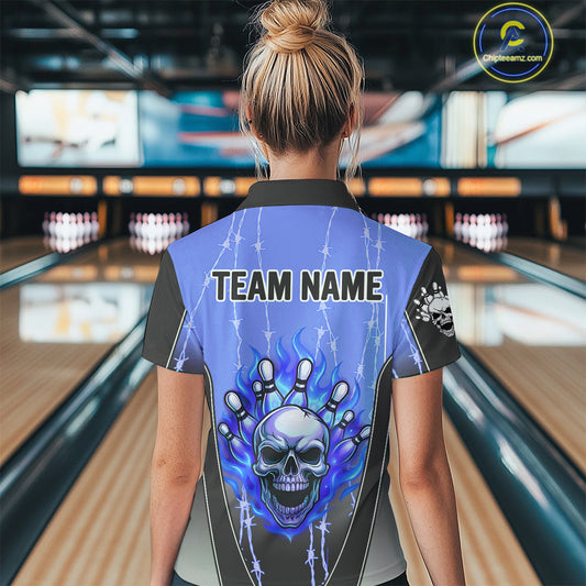 Black and blue flame skull Bowling Polo, 1/4 Zip Shirt for Women Custom Team Bowling League Jersey NQS10205
