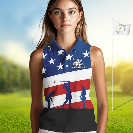American Flag sleeveless golf polo shirt Custom Red, White and Blue Patriotic ladies golf attire NQS10230