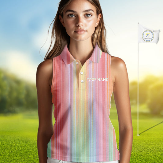 Colorful rainbow stripe pattern Women Sleeveless polo shirt custom best golf apparel for ladies NQS10406