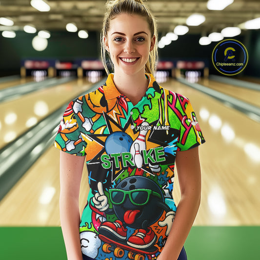Custom Funny colorful pattern Bowling Team Polo, Quarter Zip Shirt For Women, Ladies Bowling Jersey NQS10094