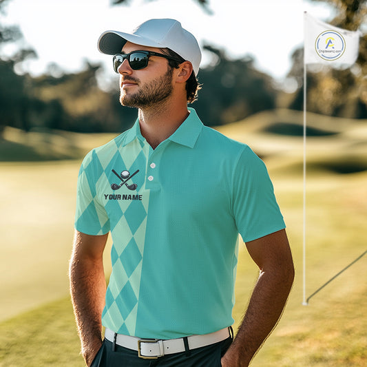 Turquoise argyle pattern Men golf polo shirt Custom golf clothes for men, cool golf gifts NQS10108