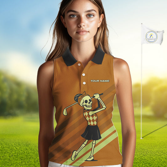 Funny argyle pattern Skull Sleeveless Polo Shirt Custom ladies golf attire, cool golf gift | Orange NQS10656