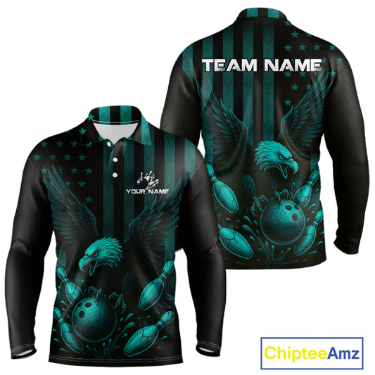 Black and Cyan Blue American Flag Eagle Bowling Shirt For Mens Custom Patriotic Team bowling jerseys NQS10478