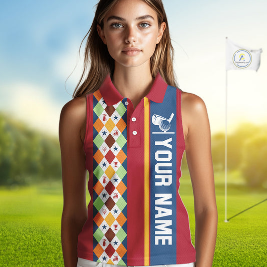Retro colorful argyle pattern Women sleeveless polo shirt custom Team Golf Outfits for ladies | Red NQS10327