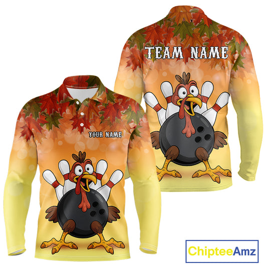 Custom Funny Turkey Bowling Shirt For Men, maple leaf pattern Thanksgiving Bowling Shirt Team Uniform NQS10368