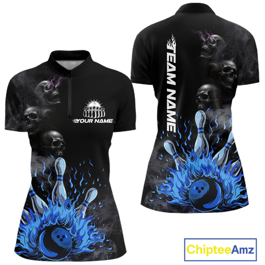 Personalized Smoke Skull Blue Flame Black Bowling Shirts For Women Custom Team Bowling Jerseys NQS10597