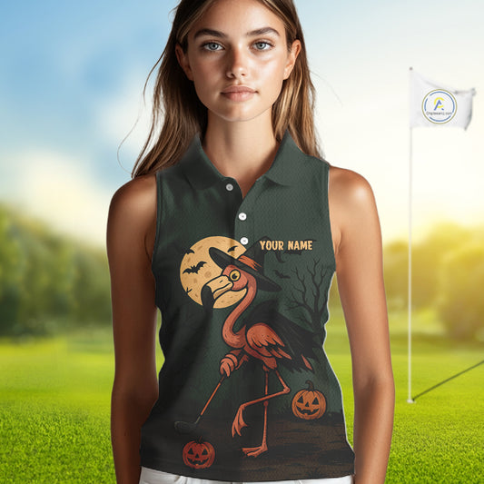Halloween flamingo Women Sleeveless Polo Shirt custom Halloween golf top for ladies, unique golf gift NQS10378