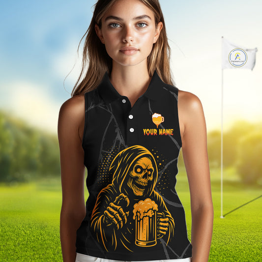 Golf and beer Sleeveless polo shirt Custom black and gold skull ladies golf attire Halloween outfit NQS10519