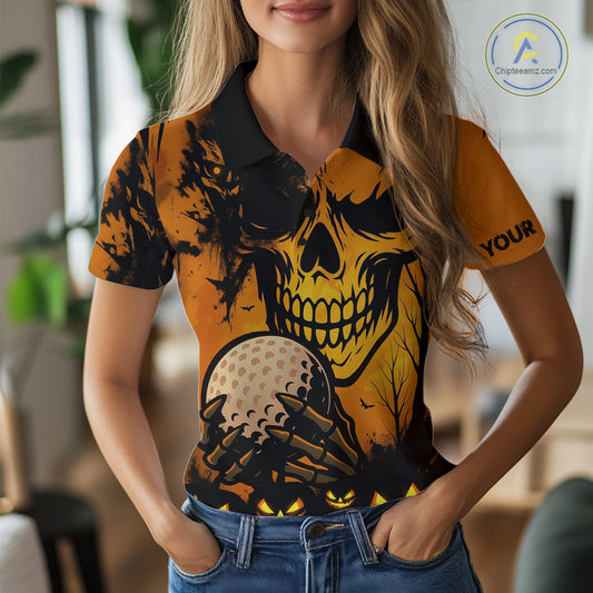 Custom Skull Golf Polo Shirts For Women Halloween Golf Outfits, personalized golf gifts NQS10619
