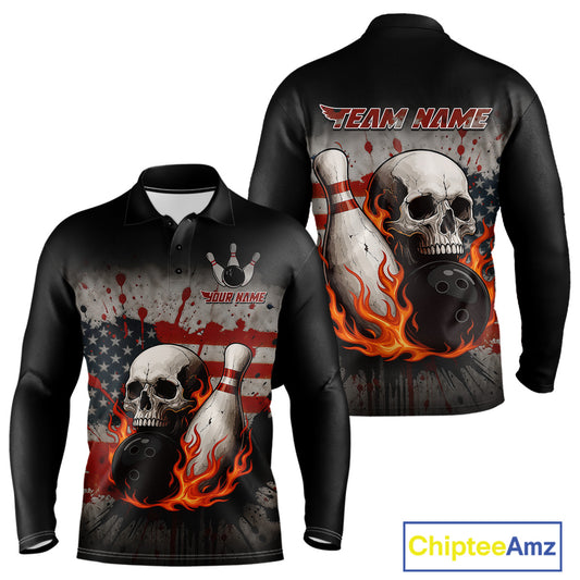 Personalized American Flag Flame Skull Bowling Shirts For Men Custom Patriotic Bowling Team Jersey NQS10462