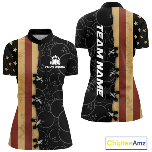 Vintage American Flag Black Bowling Camo Retro Bowling shirts for Women Custom Team bowling jersey NQS10584