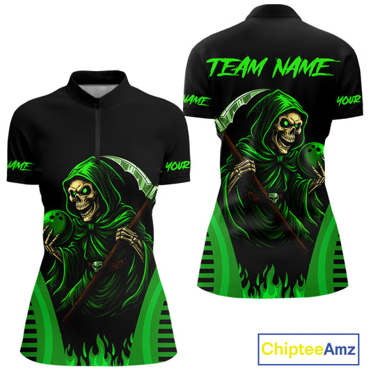 Black and Green Flame Skull Reaper Bowling Polo, 1/4 Zip shirt for Women Custom team bowling jersey NQS10712