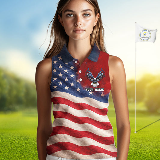 Custom American Flag Eagle Sleeveless Golf Polo Shirts For Women, patriotic Golf attire for ladies NQS11712