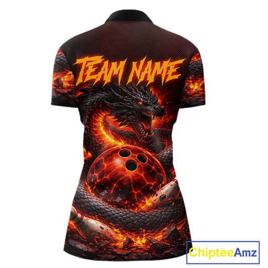 Custom Red Dragon Bowling Polo Shirts, Bowling 1/4 zip jersey For Women, Team Bowling League jerseys NQS11588