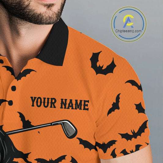 Black and Orange Bats Halloween Skull Reaper Golf Polo Shirt For Men Custom Halloween mens golf top NQS10756