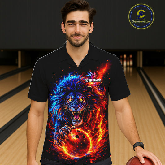 Red and Blue Flame Lion Bowling Hawaiian Shirt Custom Fire Lion Team Bowling Button Up shirt NQS11347