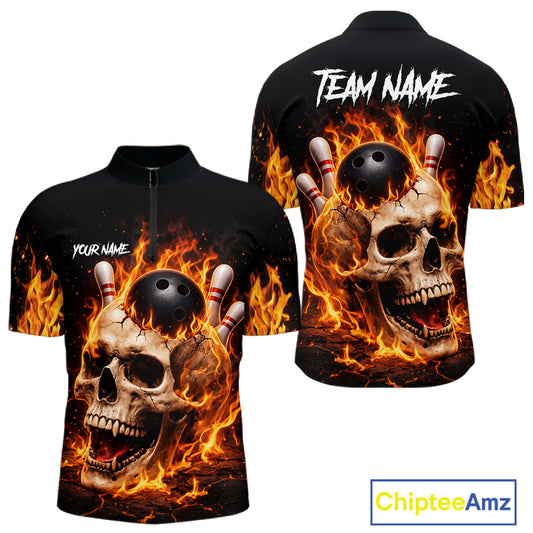 Flame Skull Bowling Polo, 1/4 zip shirts for men custom Skull team Bowling uniforms league jerseys NQS11577