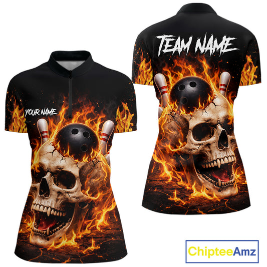 Flame Skull Bowling Polo, 1/4 zip shirts for Women custom Skull team Bowling uniforms league jerseys NQS11577