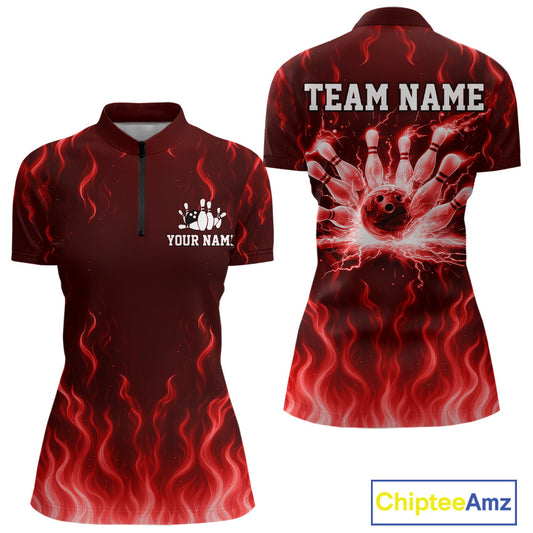 Red flame lightning thunder Bowling polo, quarter zip shirts for Women custom Bowling team jerseys NQS10979