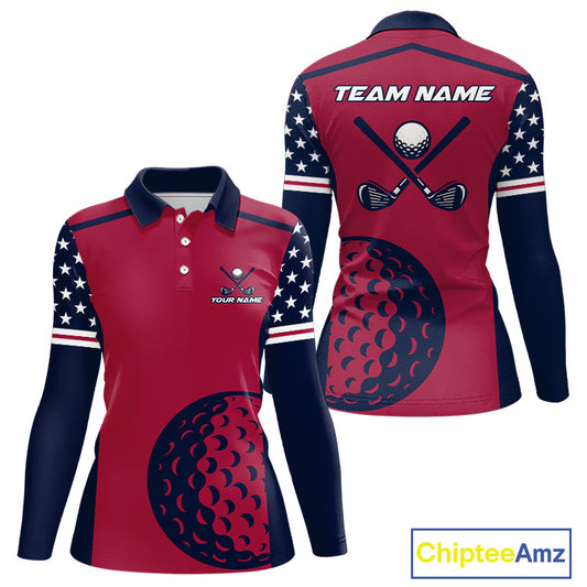 Personalized Red, white & blue US flag Women golf polo shirts custom patriotic golf attire for ladies NQS11387