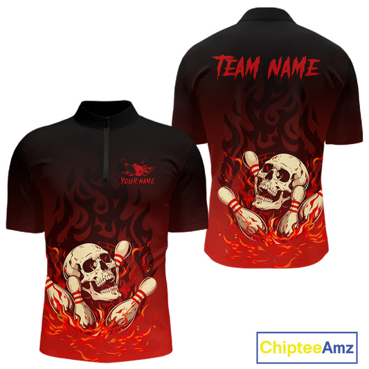 Red Skull Bowling Shirts With Flames custom quarter zip, polo team jerseys, bowling jerseys men NQS10998