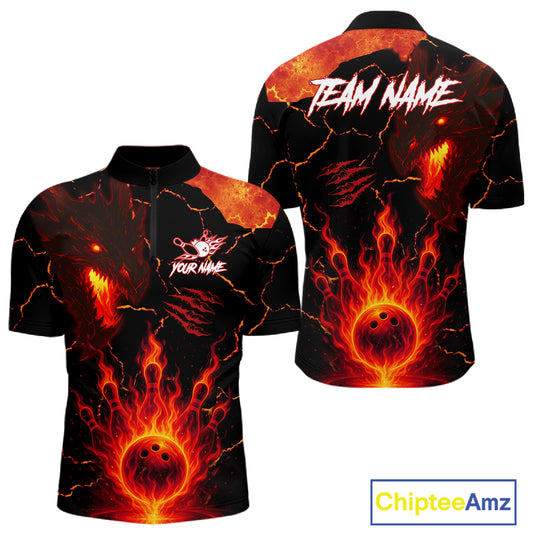 Dragon Flame Bowling Polo, Quarter Zip Shirts For Men Custom Dragon Bowling Team Jerseys NQS11049