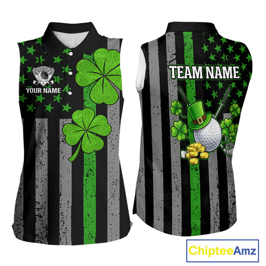 Custom Black Grunge US Flag Patriotic Sleeveless Polo shirts Green Shamrock St Patrick Golf Jersey NQS11448