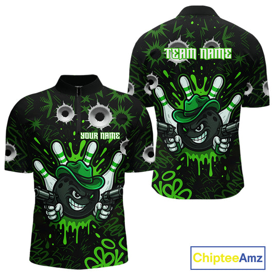 Funny Black and Green Bowling Cowboy gun Men bowling polo, 1/4 zip shirts Custom bowling team jersey NQS10658