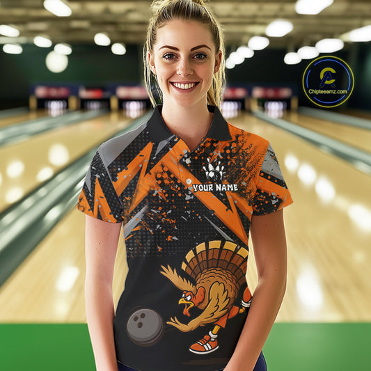 Custom Funny Turkey Bowling Jersey Black & Orange Thanksgiving Bowling Team Women Polo, 1/4 Zip Shirt NQS10671