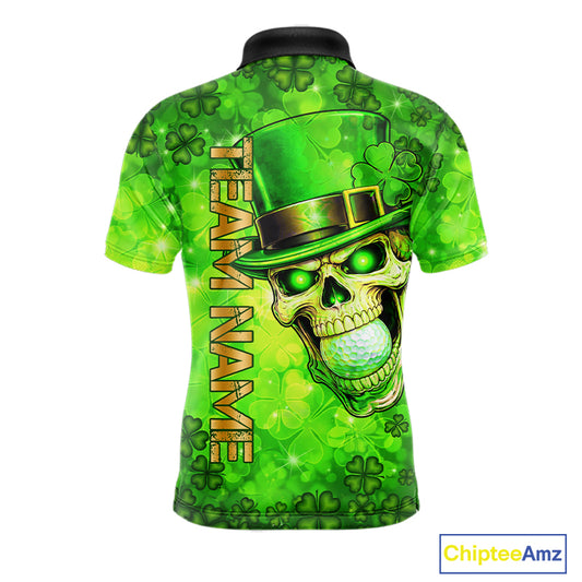 Funny Skull green shamrock pattern Golf Polo Shirts For Men Custom St Patrick's Day mens golf tops NQS11662