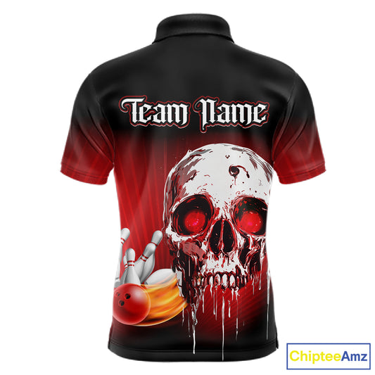 Black and Red Skull Bowling Polo, 1/4 zip shirts for Men Custom team bowling jerseys, Gift for bowler NQS11480