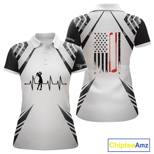 Black & White Golf Heartbeat US Flag Golf Polo Shirts for Women Custom Patriotic ladies golf attire NQS11754