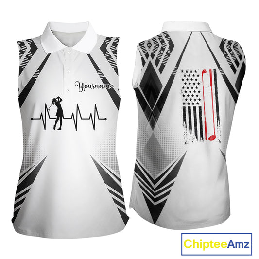 Black & White Golf Heartbeat US Flag Sleeveless Golf Polo Shirt Custom Patriotic ladies golf attire NQS11754