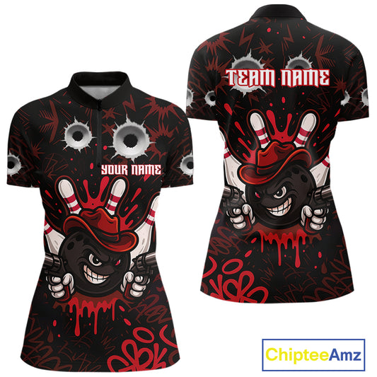 Funny Black and Red Bowling Cowboy gun Women bowling polo, 1/4 zip shirt Custom bowling team jersey NQS10690