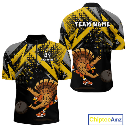 Custom Funny Turkey Bowling Jersey Black and Yellow Thanksgiving Bowling Team Men Polo, 1/4 Zip Shirt NQS10900