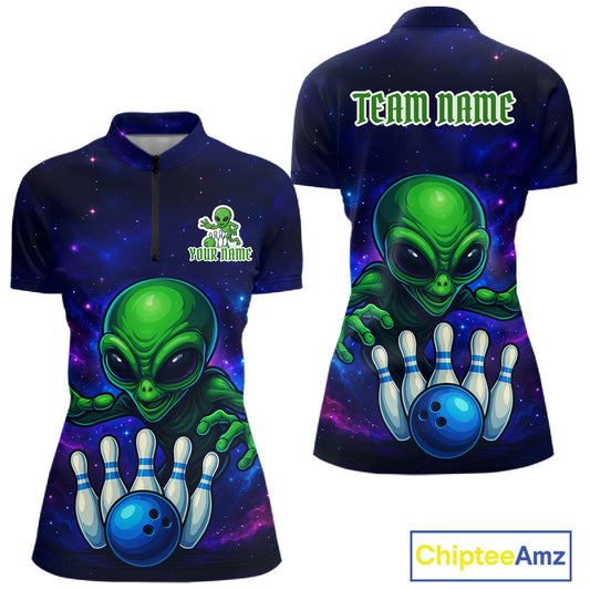 Funny Galaxy Alien Bowling Polo, 1/4 Zip Shirt For Women Custom Bowling Team Outfit, Gift For Bowler NQS10729