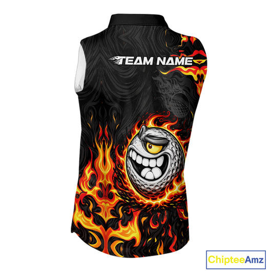 Funny Angry Golf Ball Sleeveless Golf Polo Shirt Custom Black and Orange Flame ladies golf apparel NQS11684