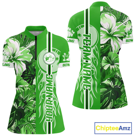 Green tropical flower Flame Bowling Polo, Quarter Zip Shirt For Women Custom Bowler Gift Bowling Team NQS10991