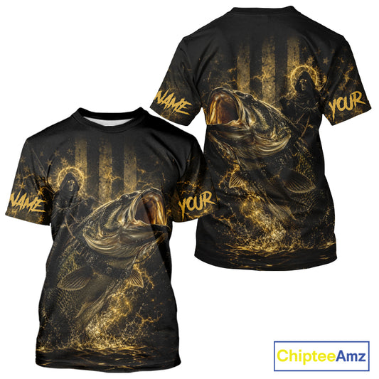 Back view of yellow Grim Reaper largemouth bass short sleeve performance fishing shirt, breathable moisture wicking polyester