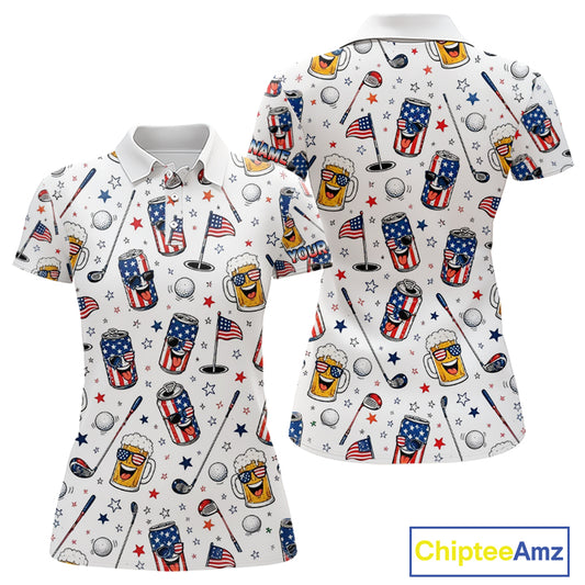Custom Patriotic Womens Golf Polo Shirt With Beer Print – Personalized USA Golf Team Polo