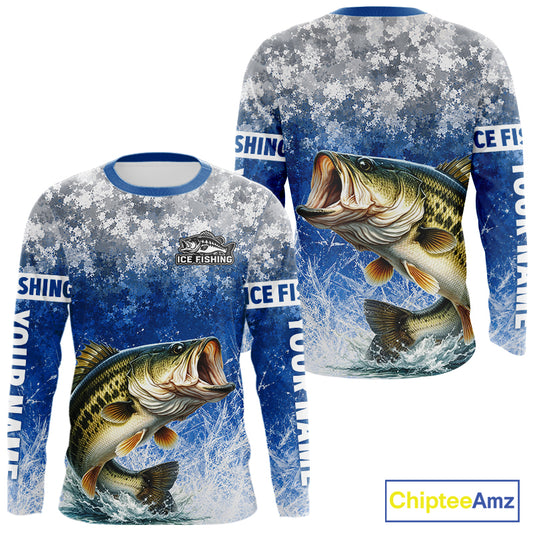 Ice Fishing Shirt With Largemouth Bass & Winter Camo Design, Fishing Shirts Long Sleeve For Men NHT1373