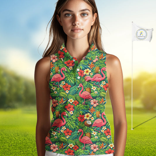 Womens Sleeveless Golf Polo Shirt Colorful Floral Flamingo Pattern Tropical Leaves Custom Name NHT538